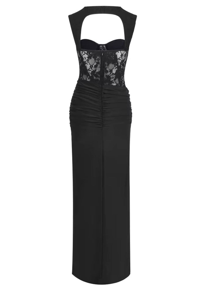 Lace Bustier Draped Backless Maxi Dress Black
