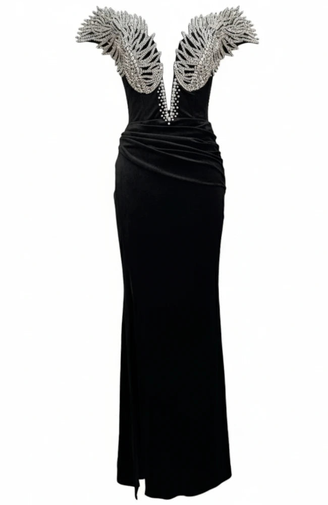 Strapless Crystal Wings Maxi Velvet Dress Black