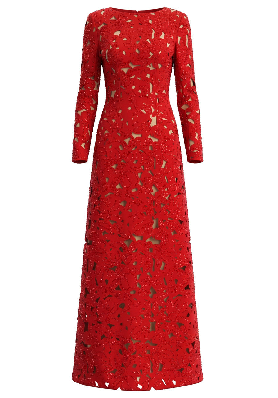 Long Sleeve Embellished Laser Cut Out Maxi Dress Red