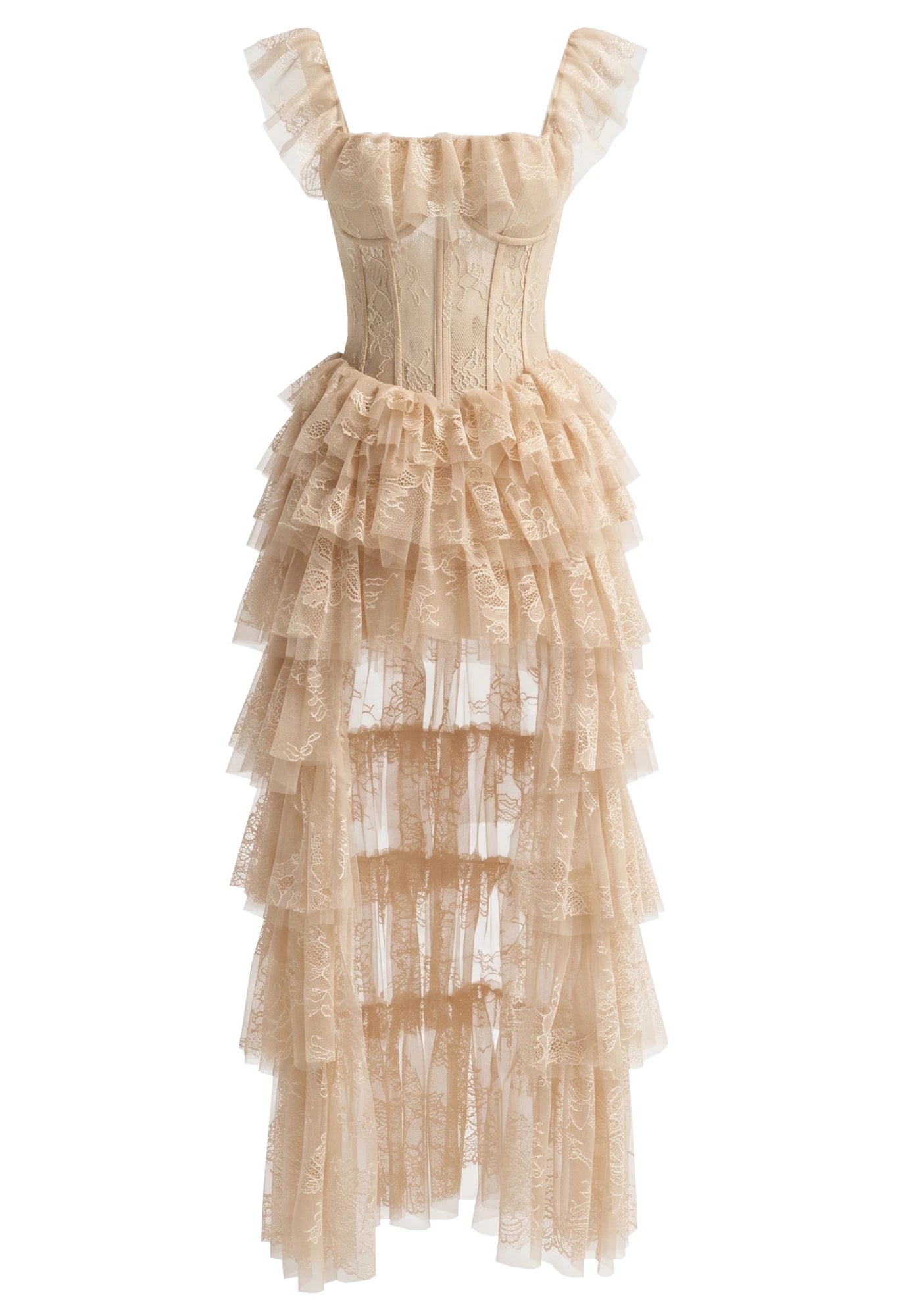 Lace Ruffle Maxi Dress Nude