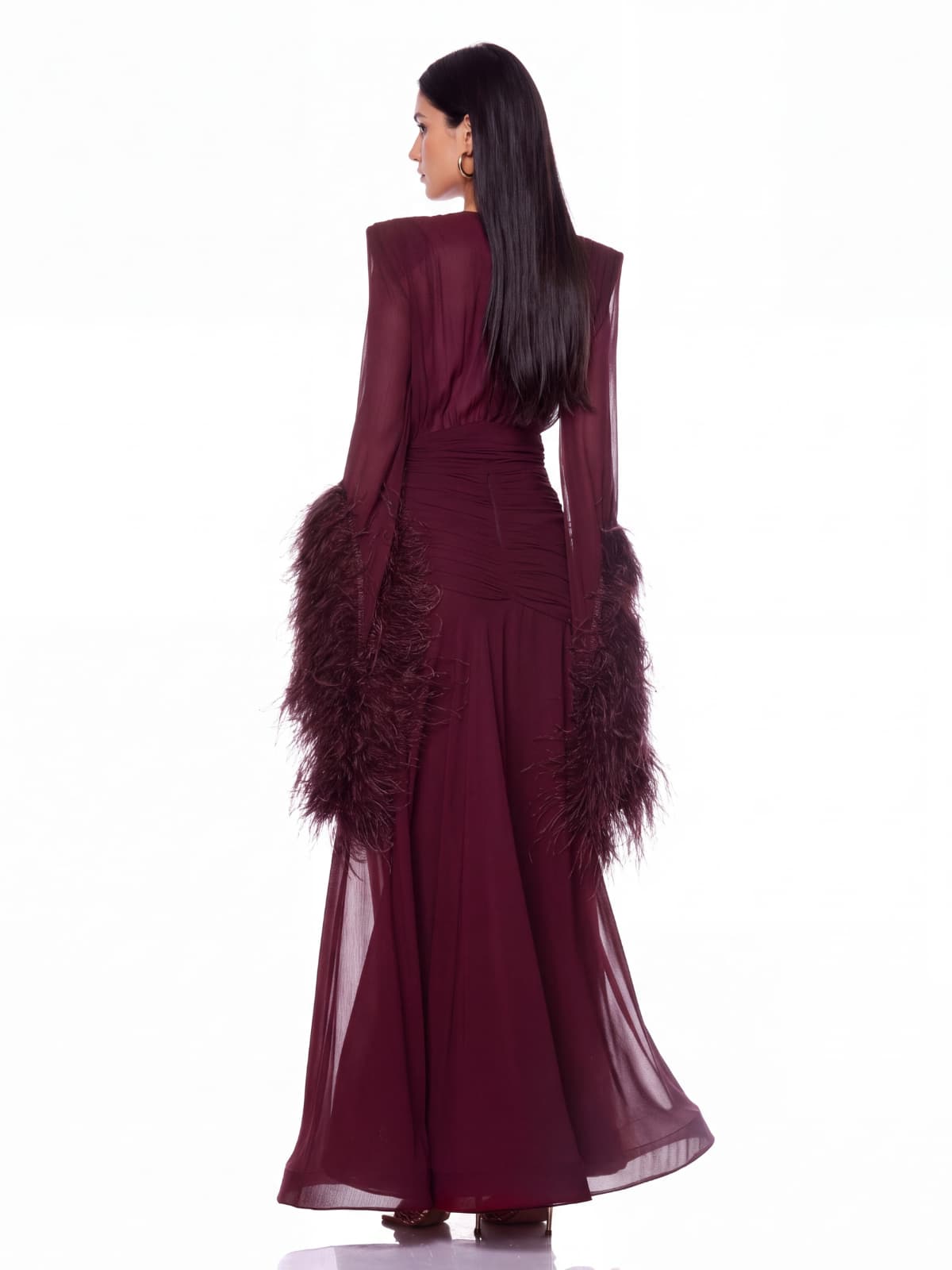 Neck Ruched Split Maxi Dress In Wine