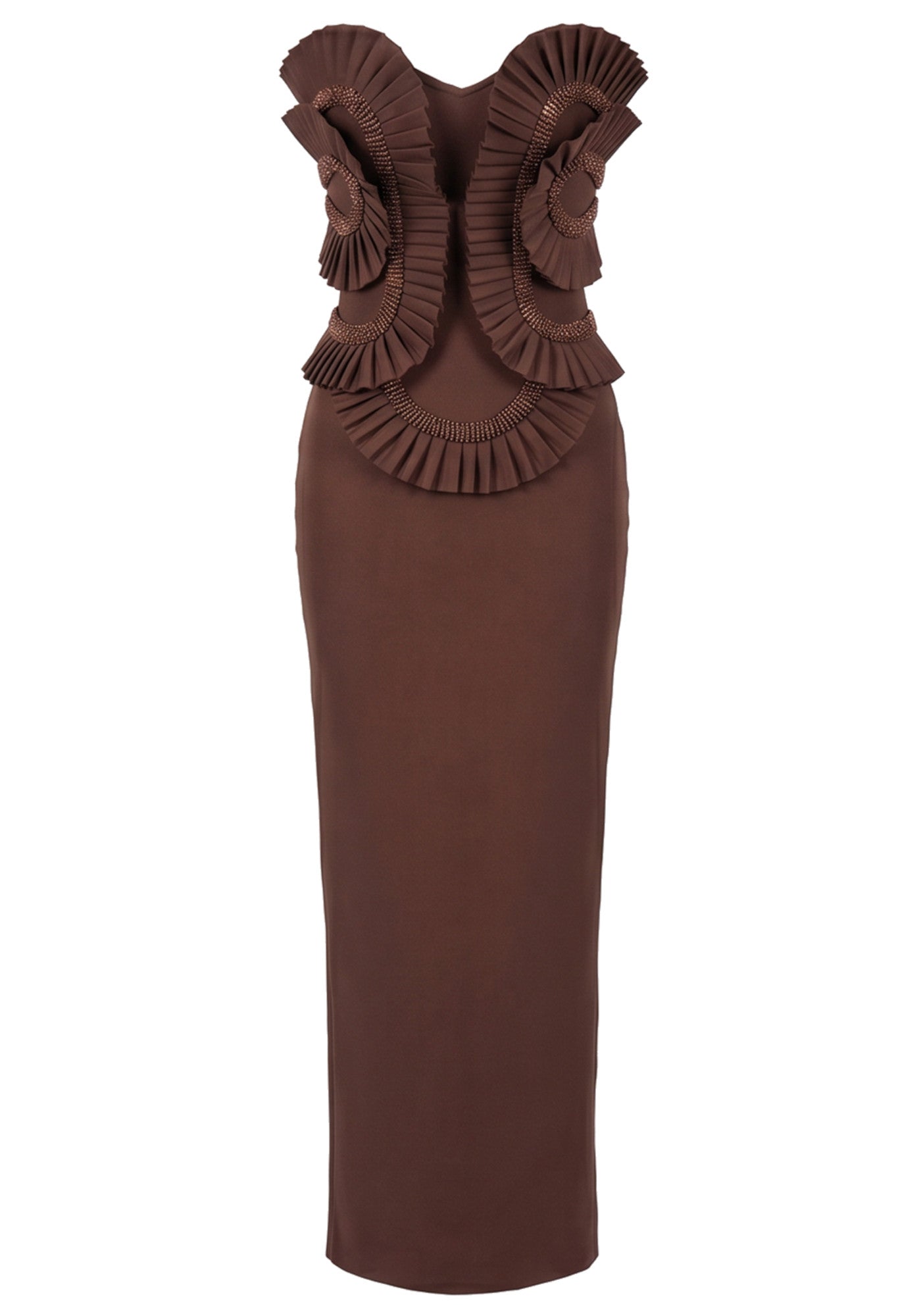 Strapless Pleated Detail Maxi Dress Brown