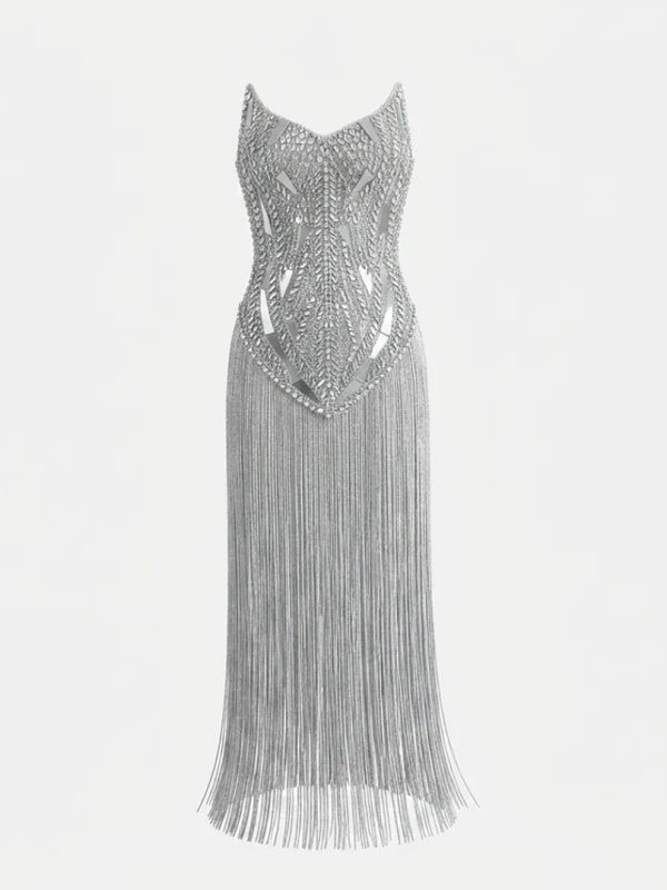 silver crystal fringe gown