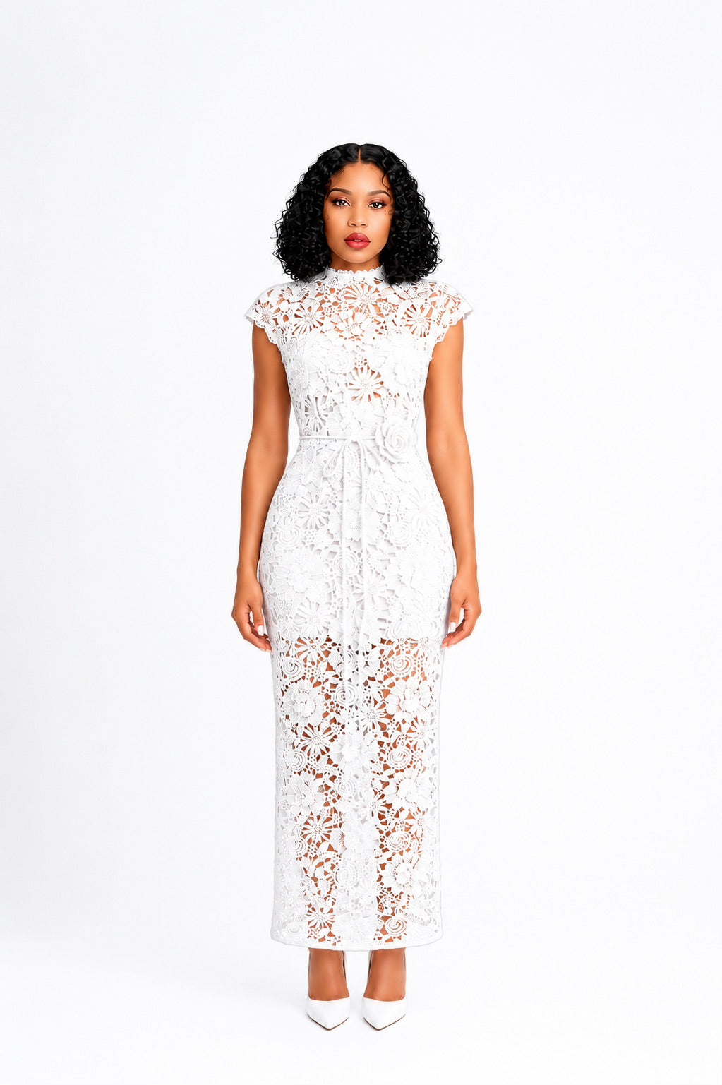 Floral Detail Crochet Maxi Dress White