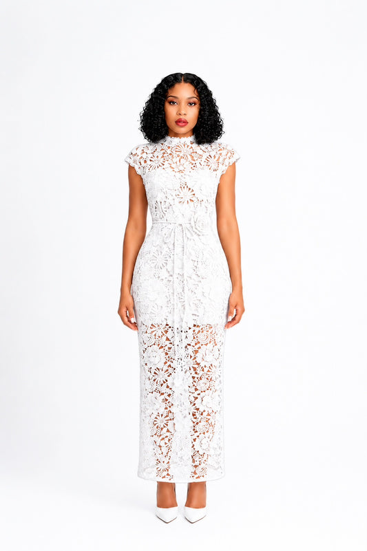 Floral Detail Crochet Maxi Dress White