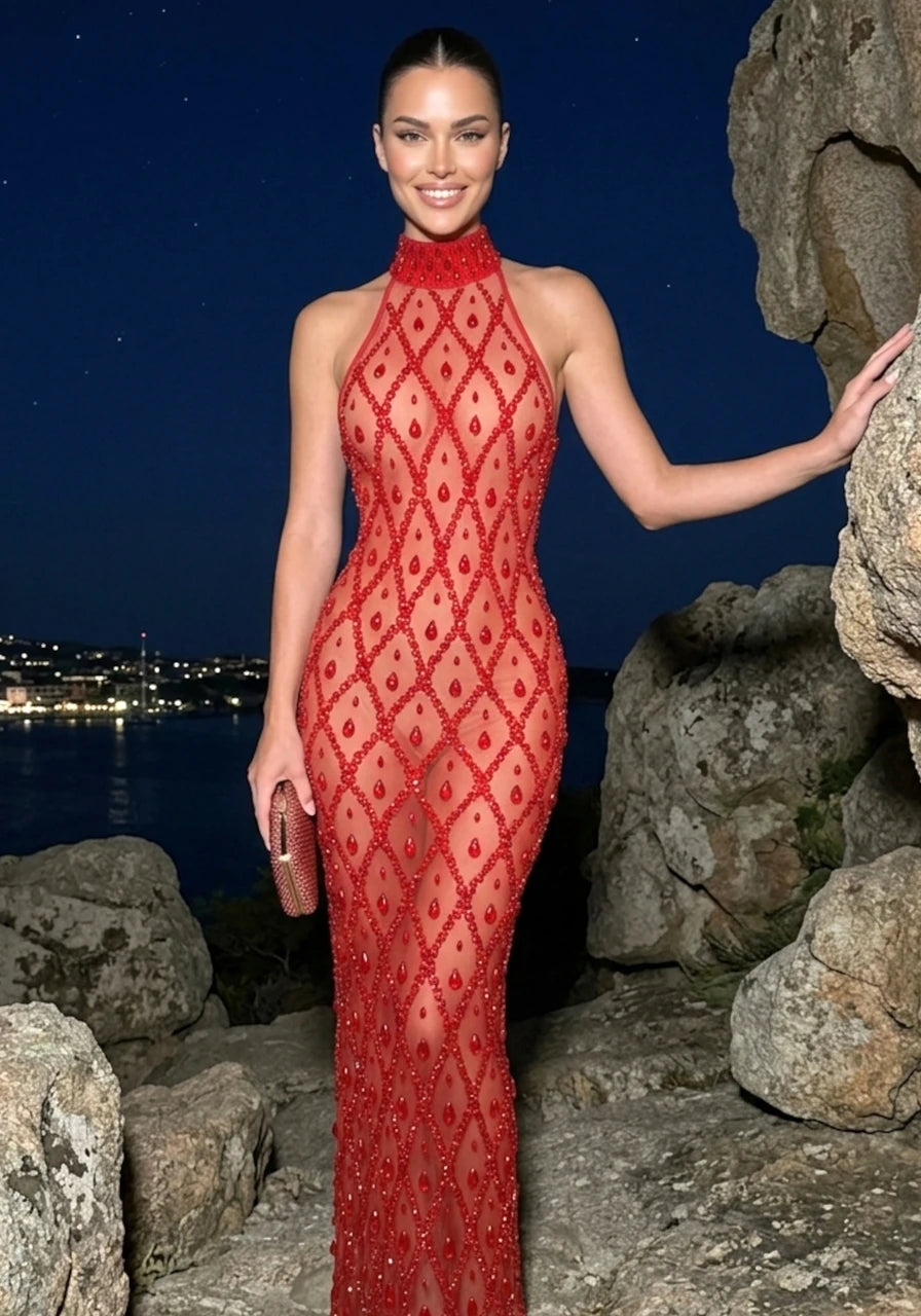Crystal Sequin Mesh Maxi Dress Red