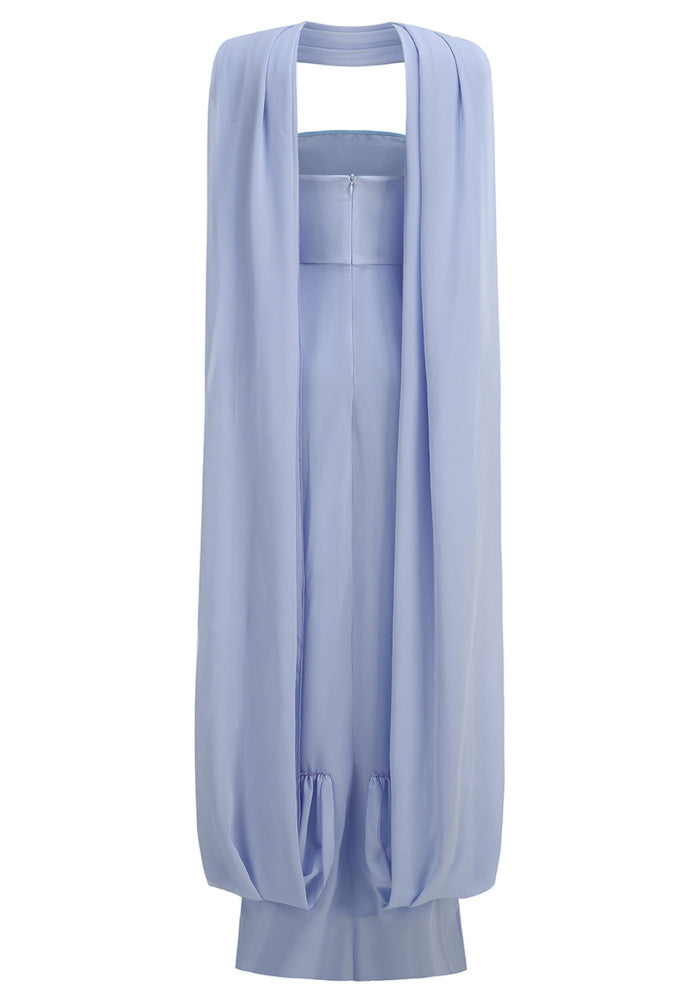 Strapless Draped Cape Maxi Dress Blue