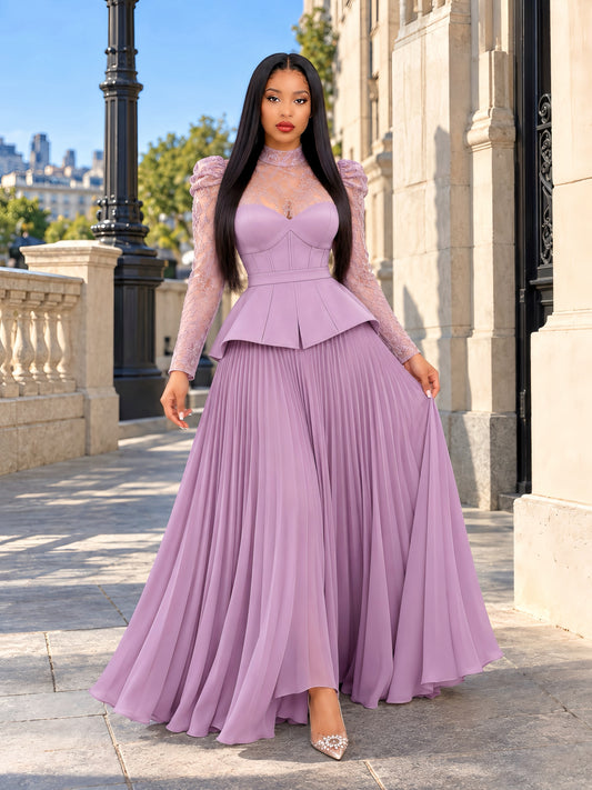Purple Lace Sleeve Blouse And Gored Skirt set