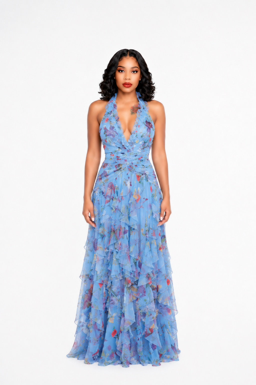 Halter Floral Ruffle Maxi Dress Blue