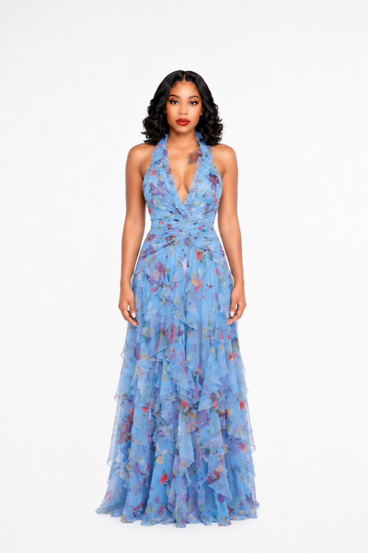 Halter Floral Ruffle Maxi Dress Blue