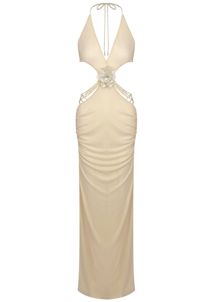 Halter Floral Backless Maxi Dress Gold