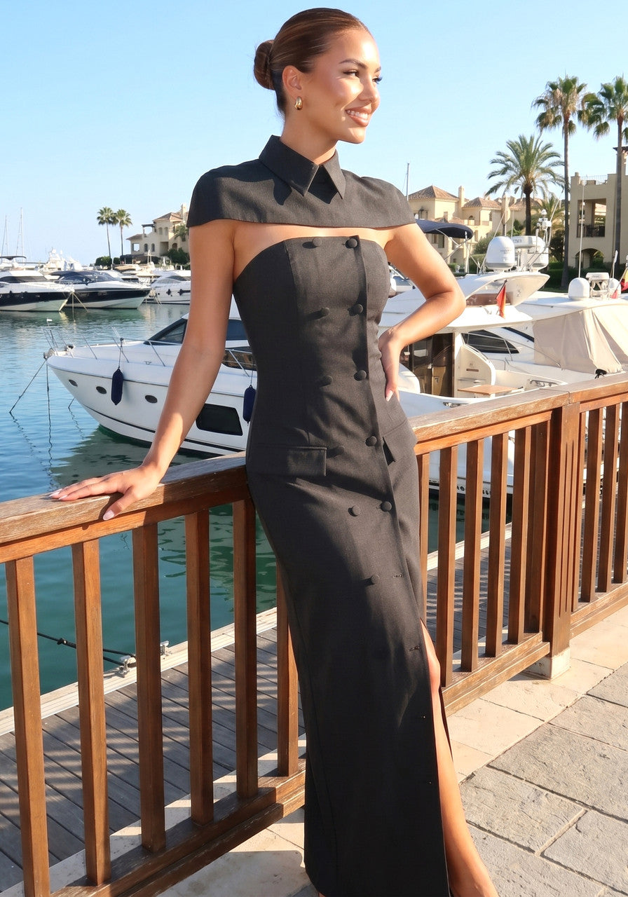 Collar Detail Strapless Maxi Dress Grey