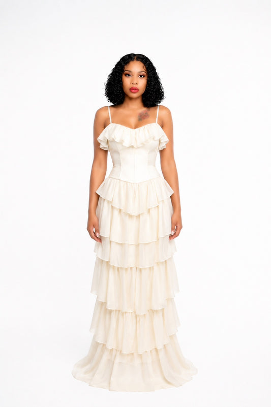Corset Ruffle Maxi Dress Ivory