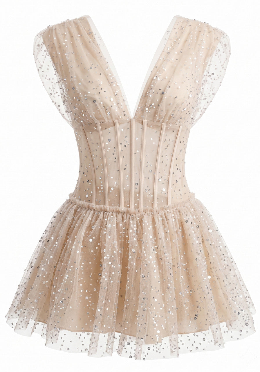 Draped Structured Lace A Line Dress Ivory
