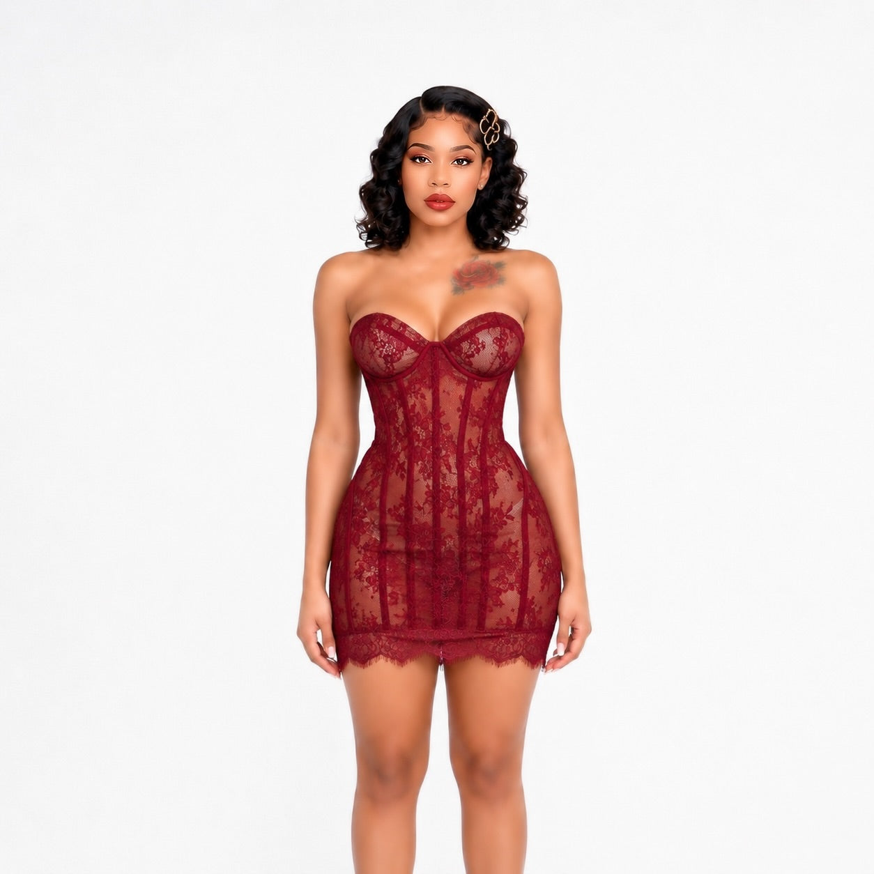 Strapless Lace Corset Dress Burgundy