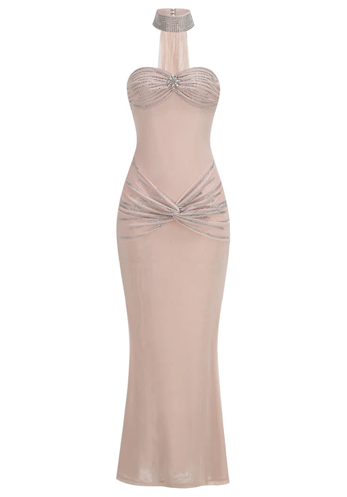 Strapless Crystal Draped Maxi Dress Nude
