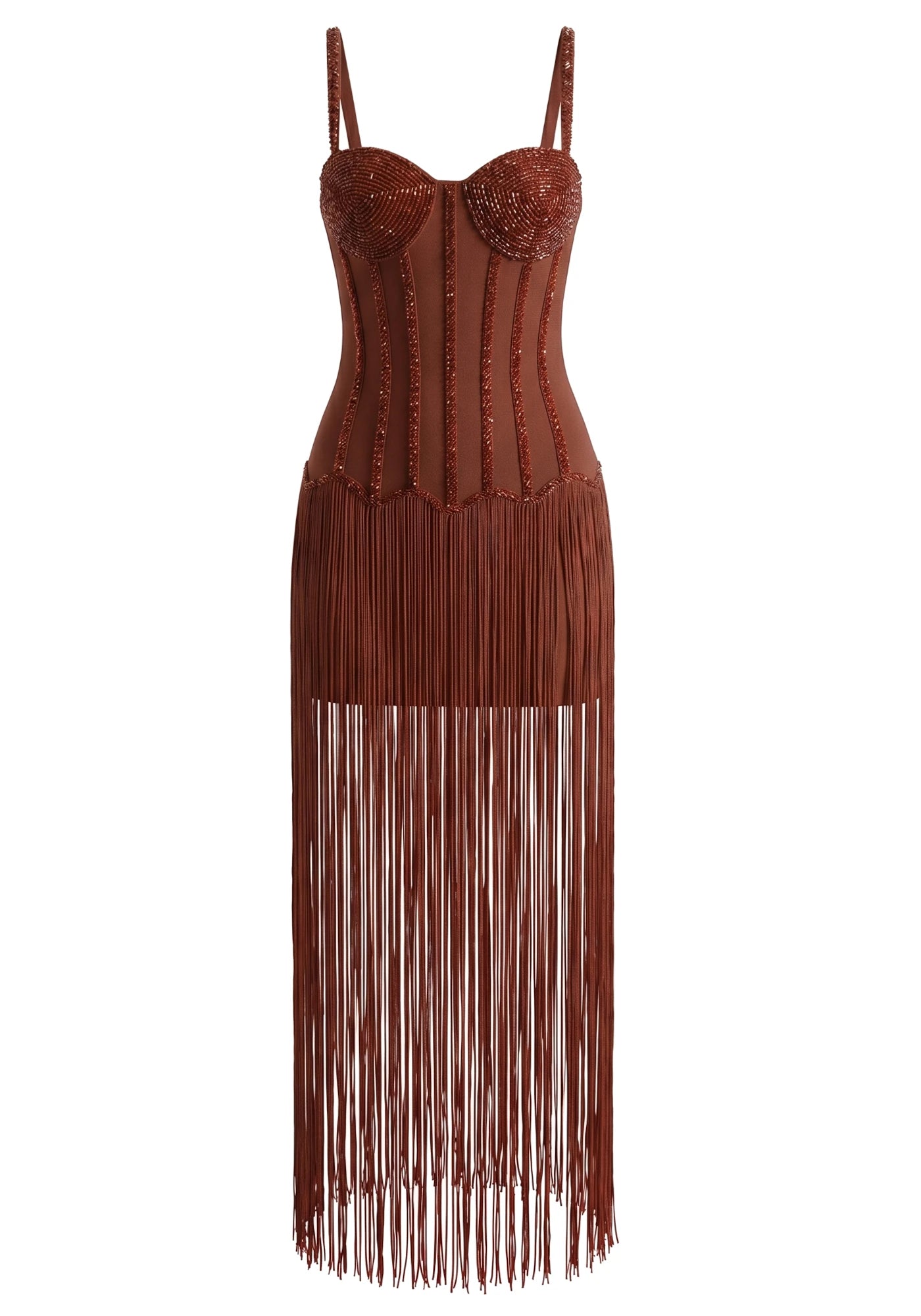Embellished Bustier Tassel Maxi Dress Brown