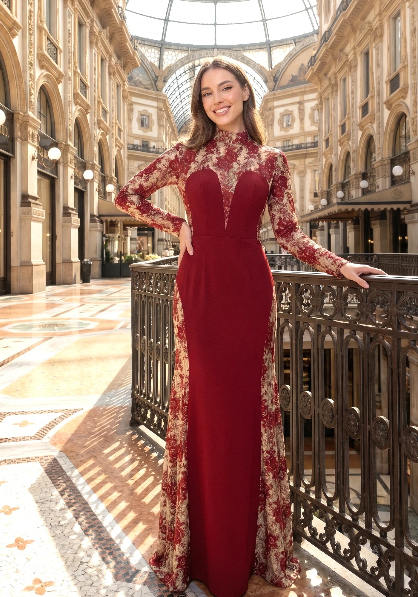 Long Sleeve Floral Lace Maxi Dress Burgundy