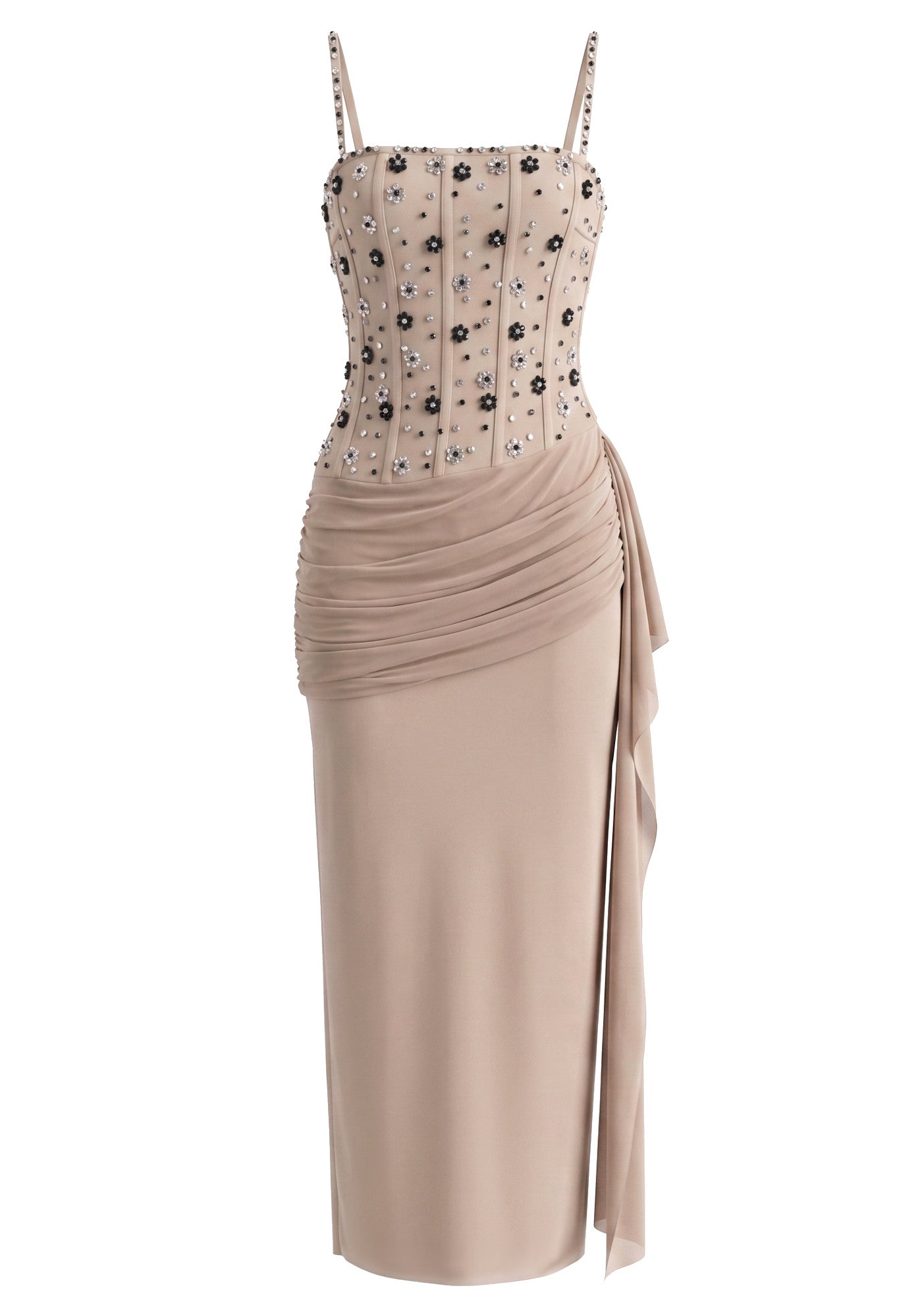 Embellished Structured Draped Maxi Dress Nude