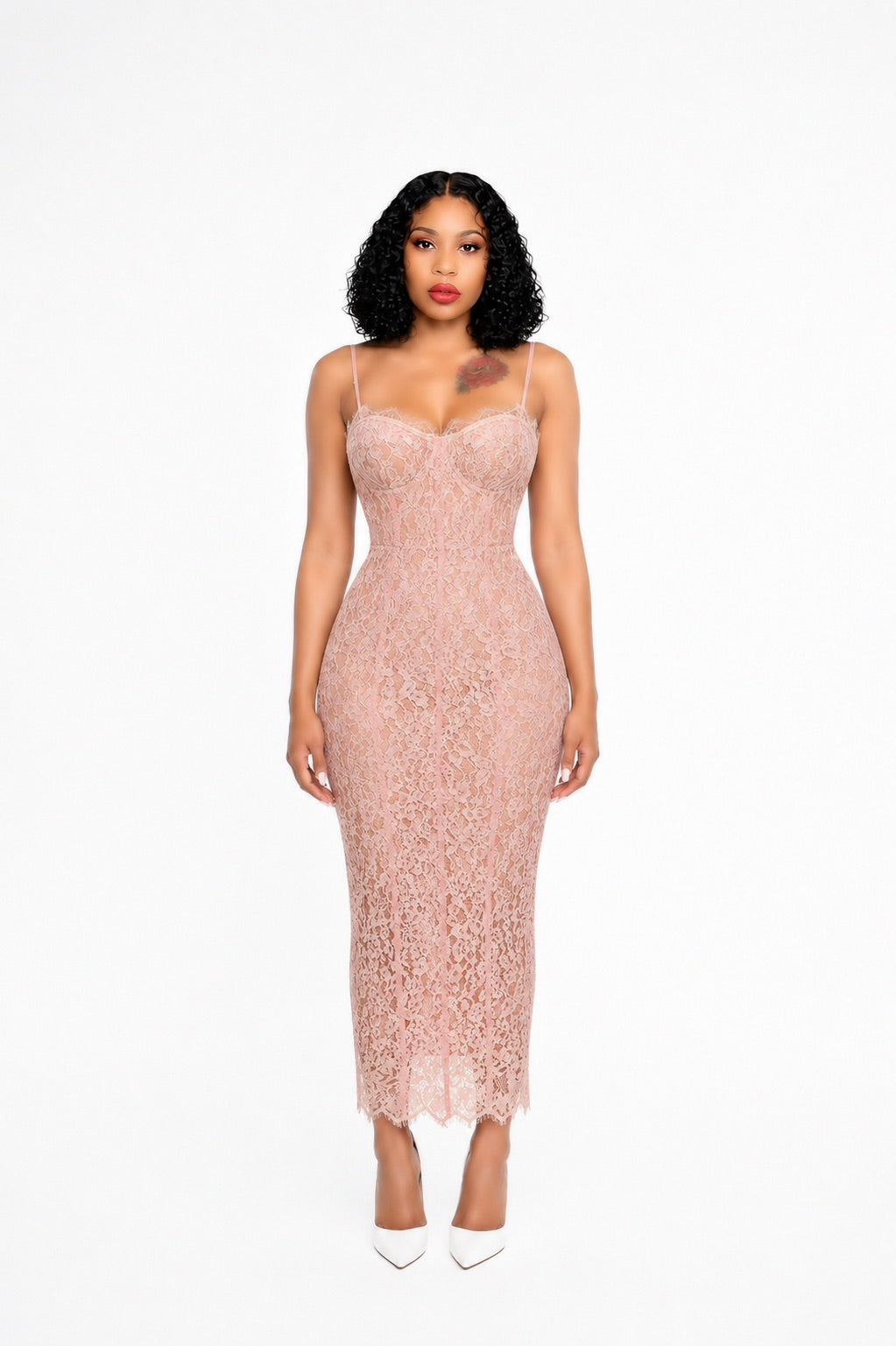 Structured Lace Midi Dress Pink