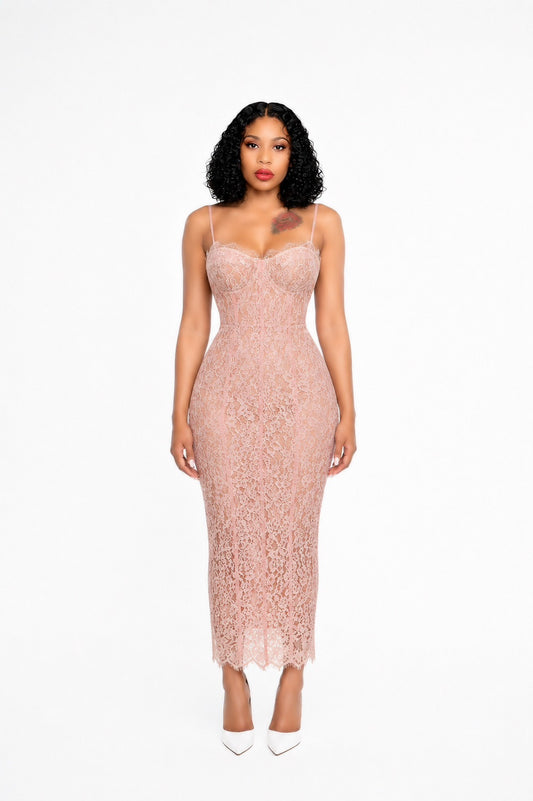 Structured Lace Midi Dress Pink