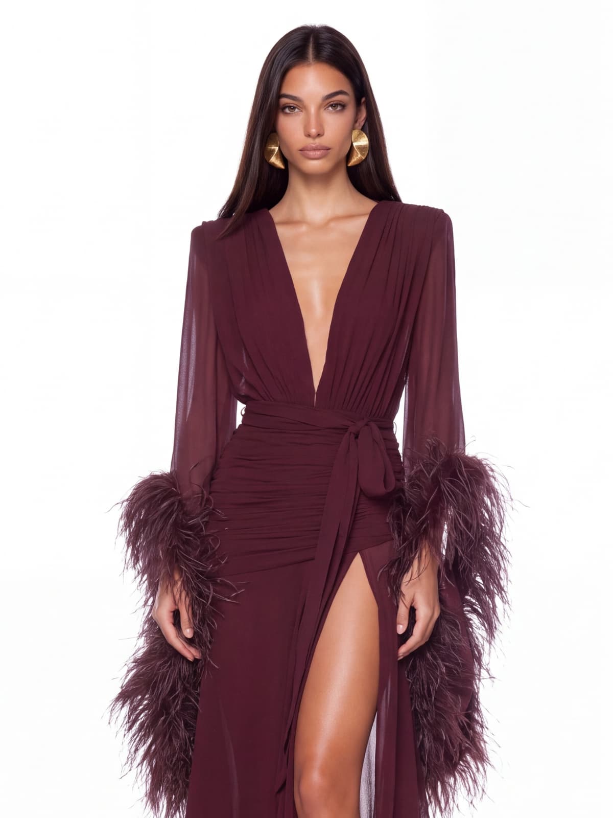 Neck Ruched Split Maxi Dress In Wine