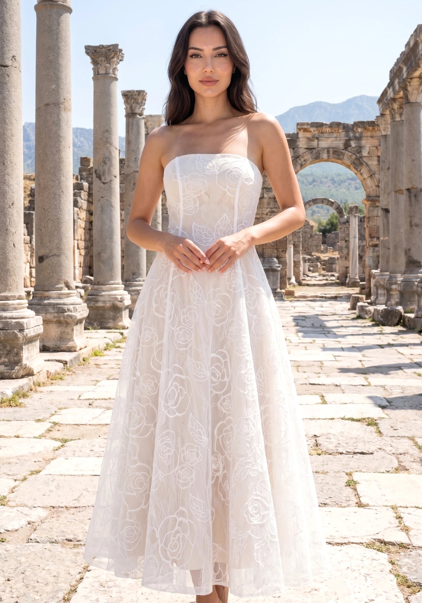 Strapless Lace A Line Maxi Dress White