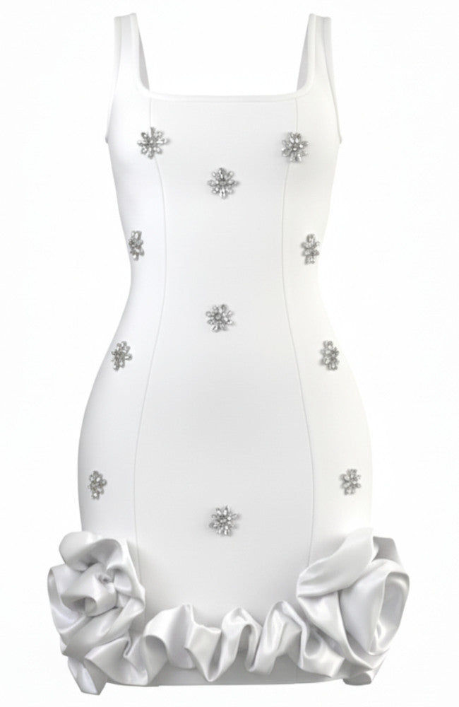 Crystal Embellished Floral Bubble Detail Dress white