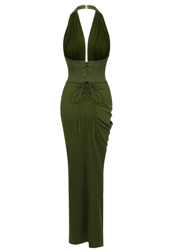 Halter Draped Corset Maxi Dress Green