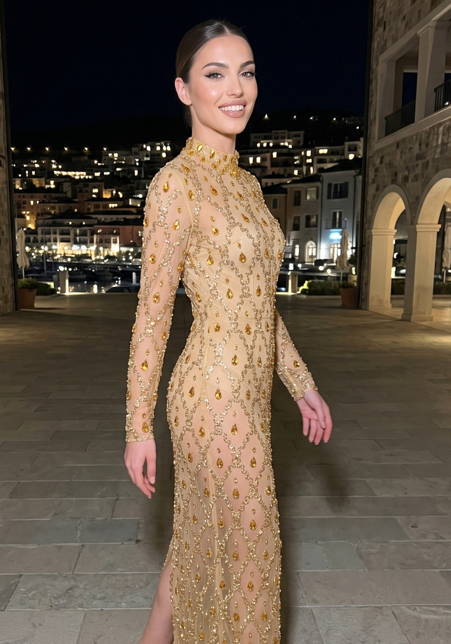 Long Sleeve Embellished Sequin Mesh Maxi Dress Gold