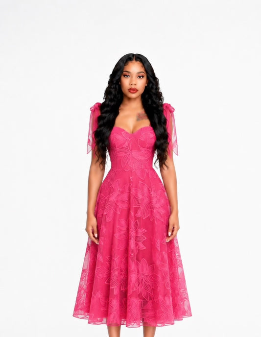 Floral A Line Bustier Midi Dress Hot Pink