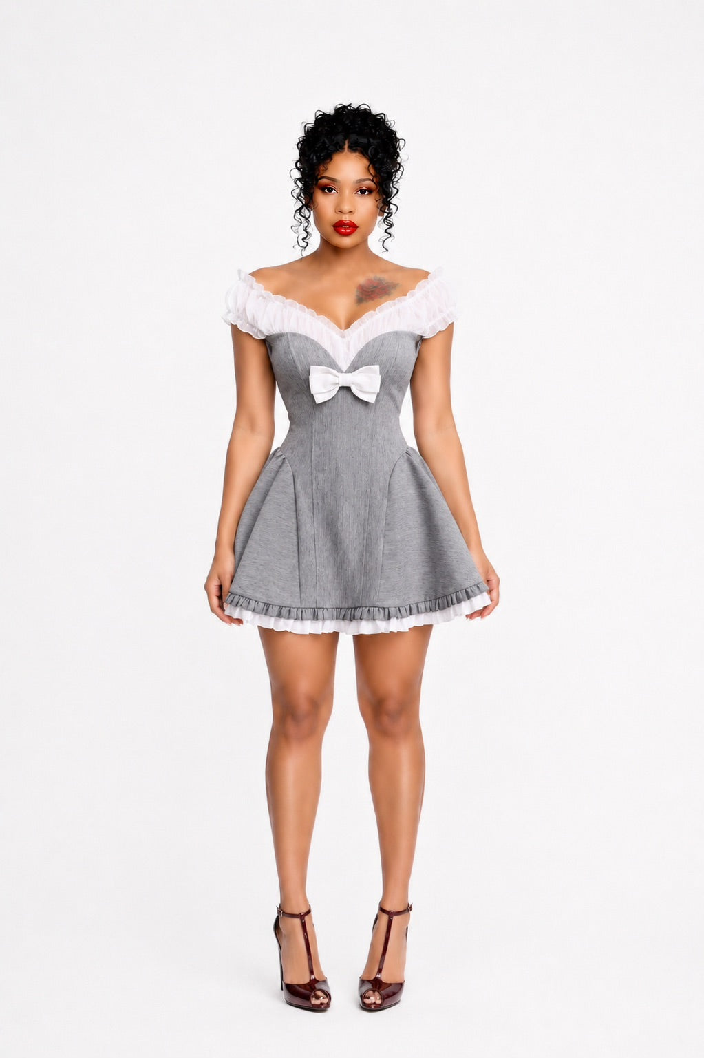 Ruched Bardot A Line Dress Grey White