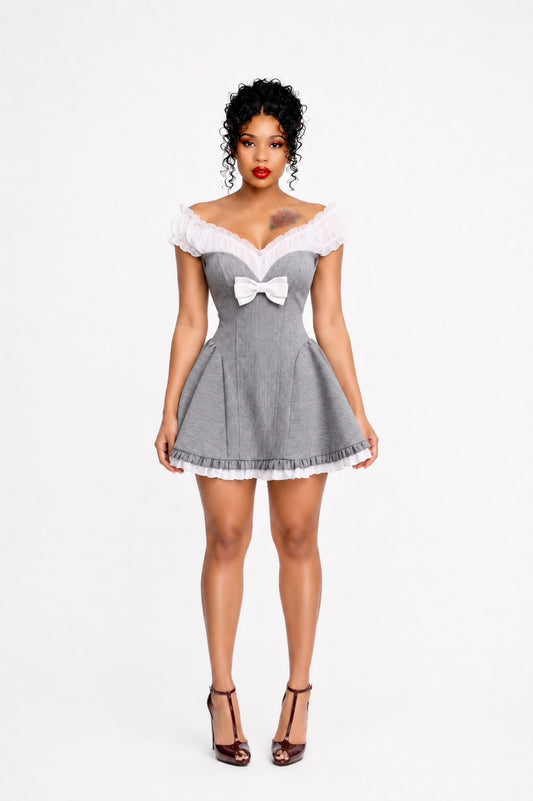 Ruched Bardot A Line Dress Grey White