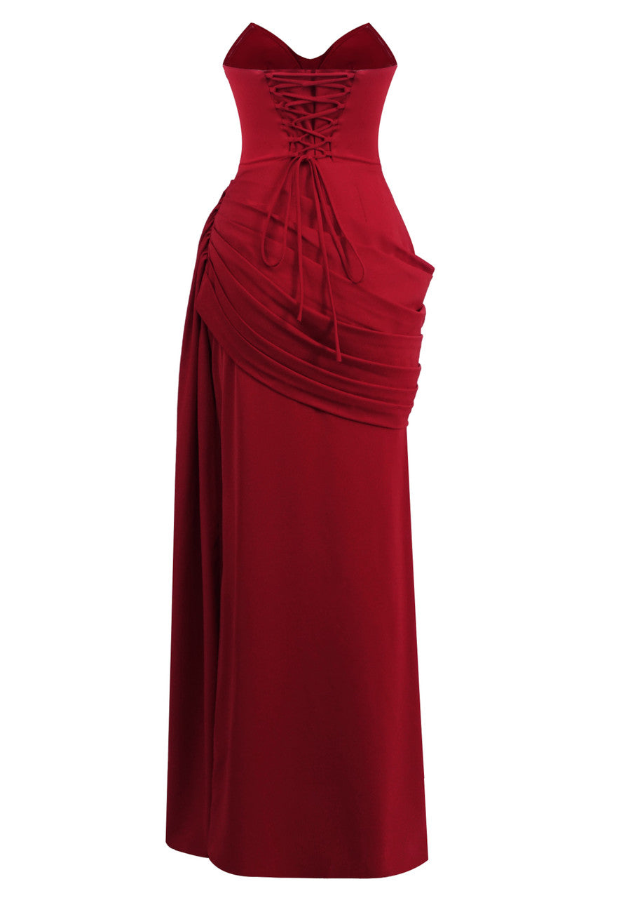 Strapless Draped Corset Maxi Dress Red