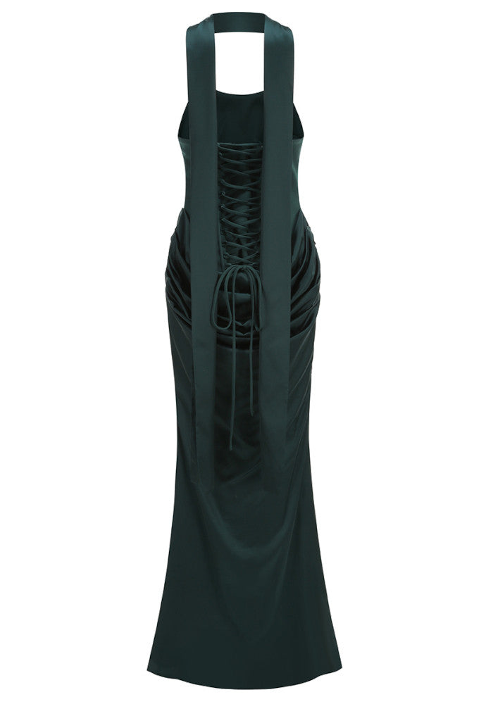 Strapless Draped Corset Maxi Dress Green