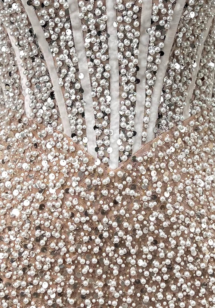 Strapless Structured Pearl Sequin Dress White