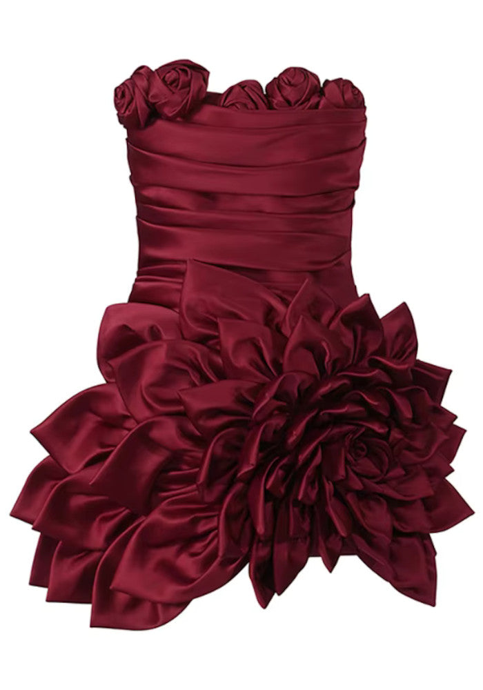 Strapless Floral Draped Dress Burgundy