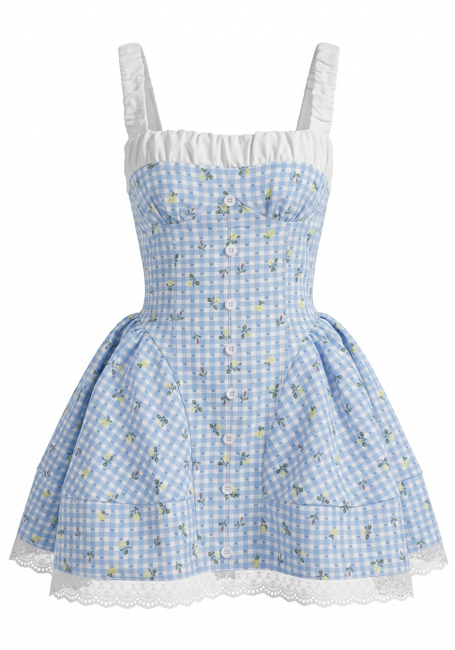 Floral Ruched A Line Dress Blue
