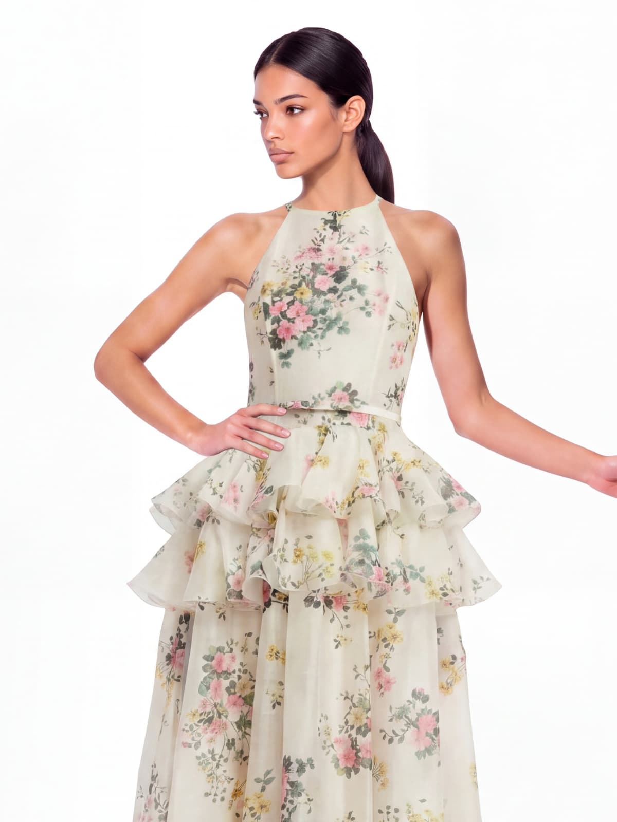 Floral Ruffle Maxi Dress In Beige