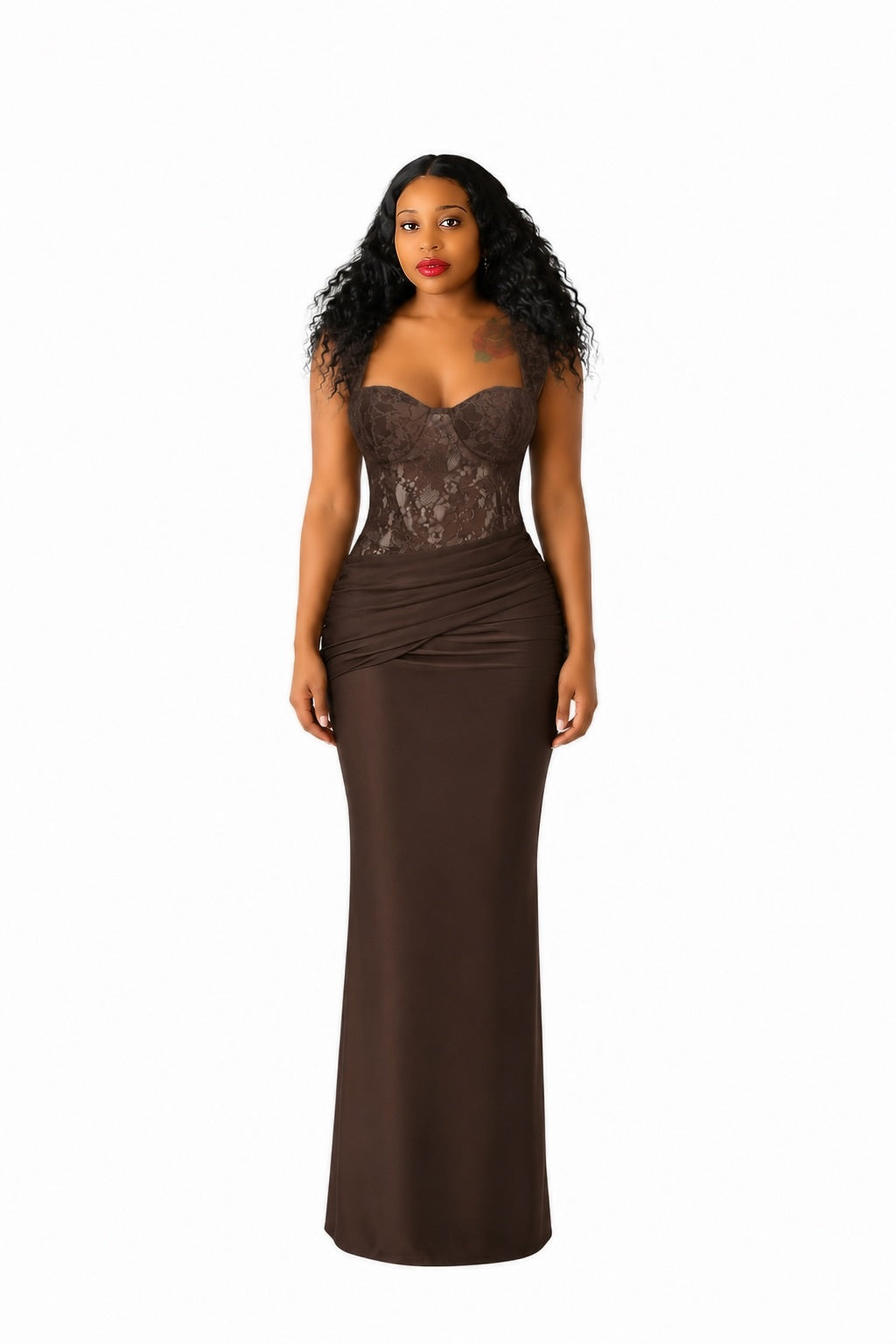 Lace Bustier Draped Maxi Dress Brown