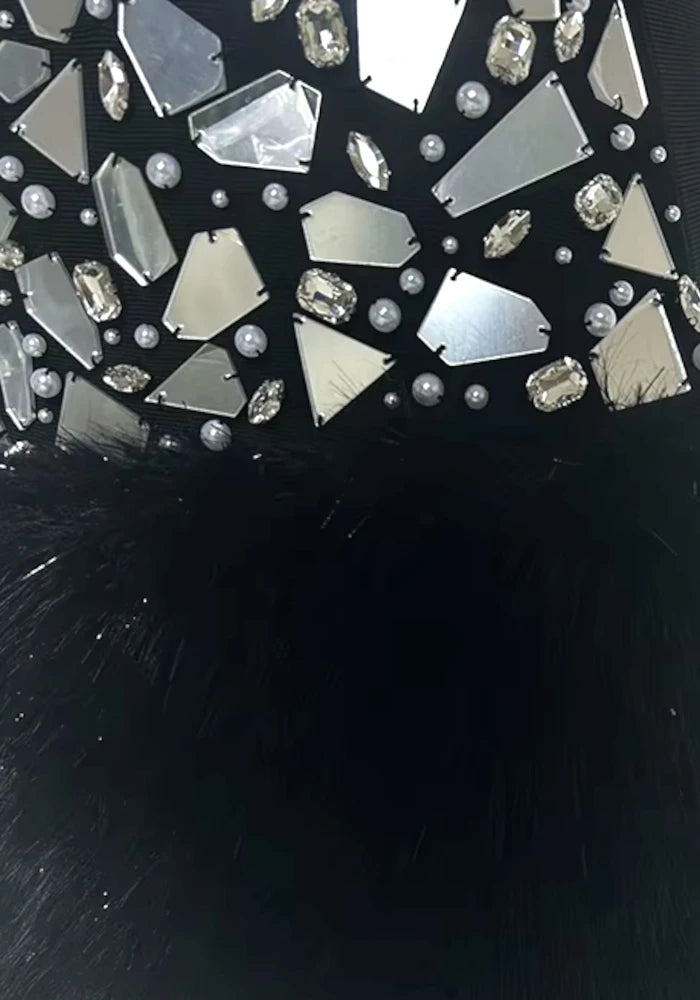 Crystal Mirror Fur Detail Dress Black