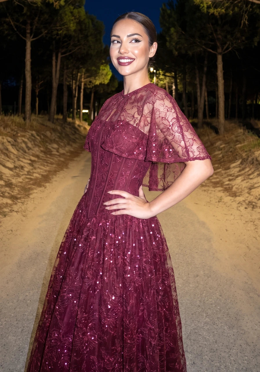 Lace Cape Strapless A Line Maxi Dress Burgundy