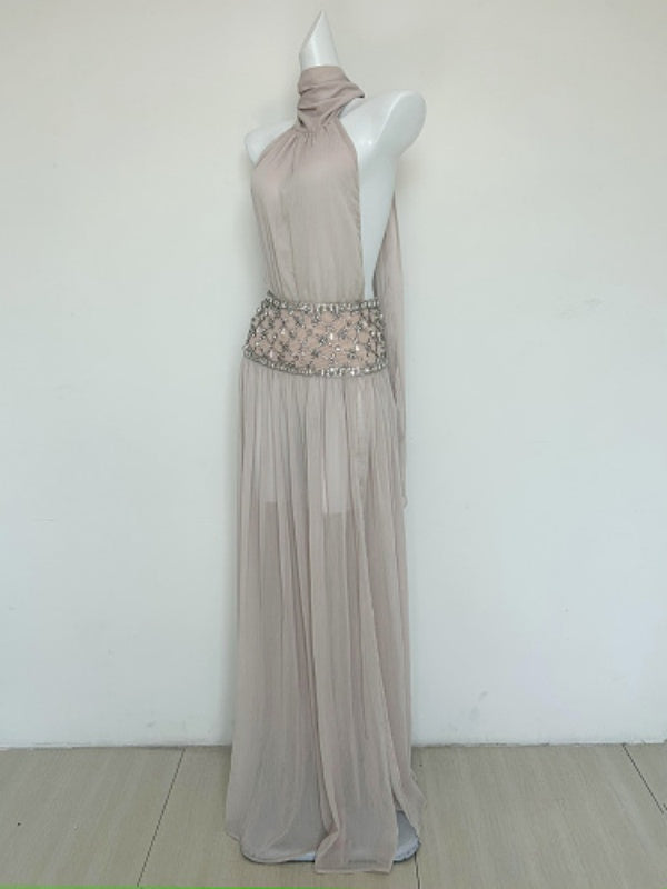 Champagne Crystal-Waist Halter Gown