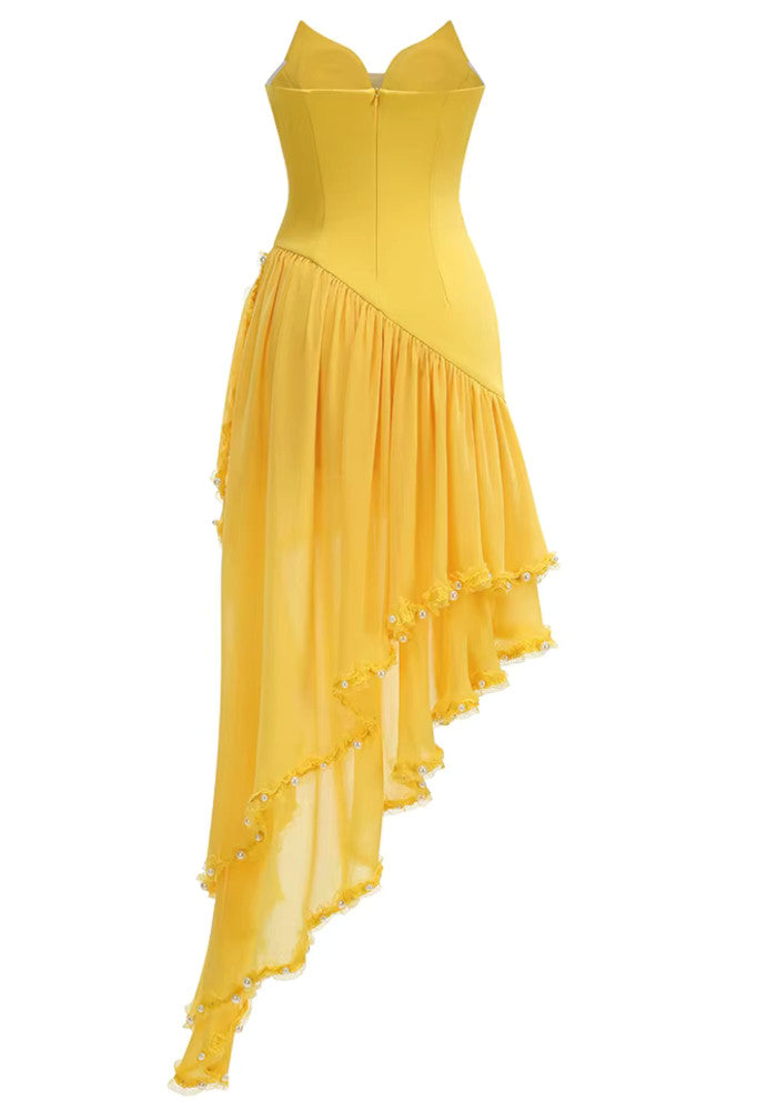 Strapless Embellished Ruffle Maxi Dress Yellow