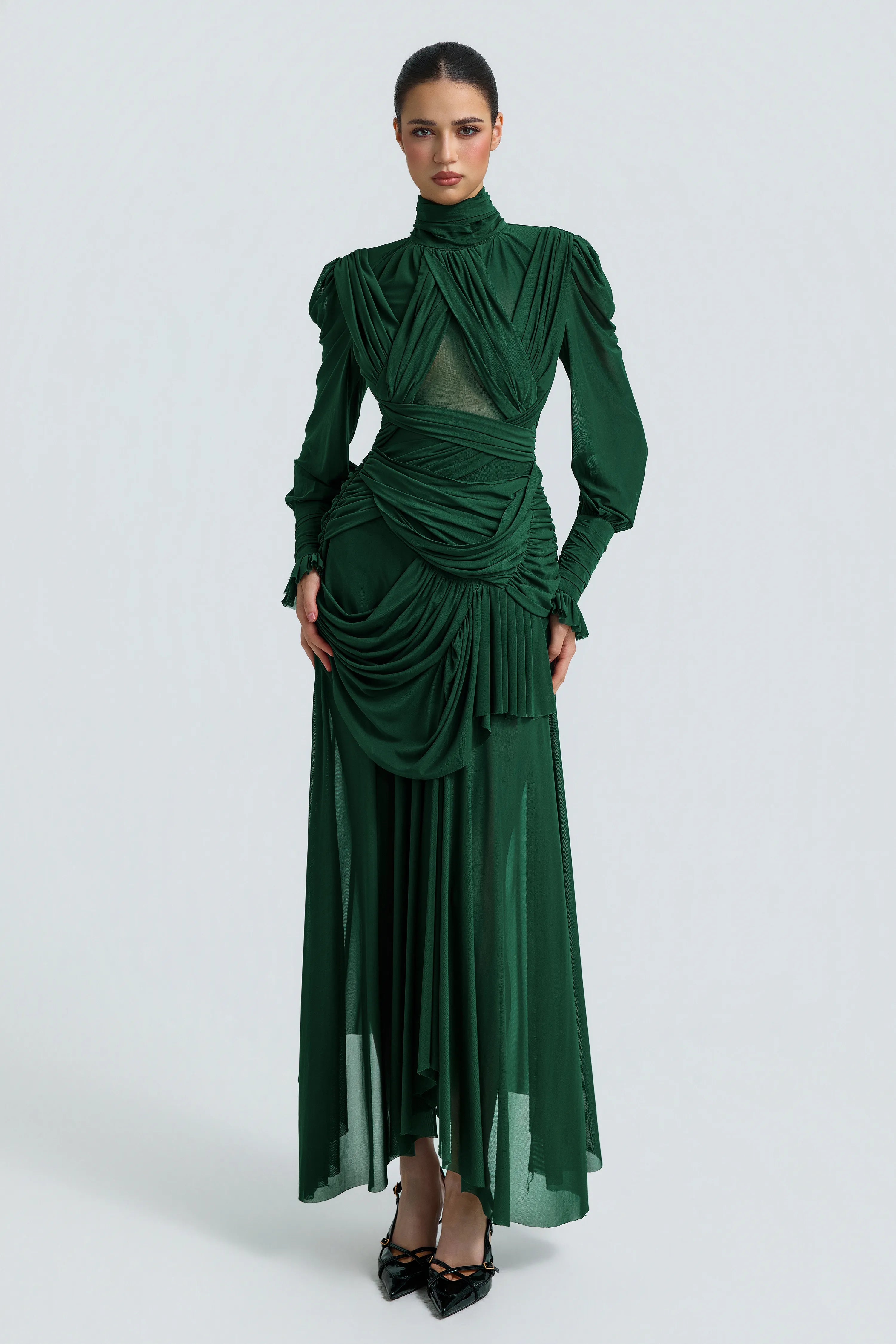 Dark Green Cross Front Ruched Maxi Dress