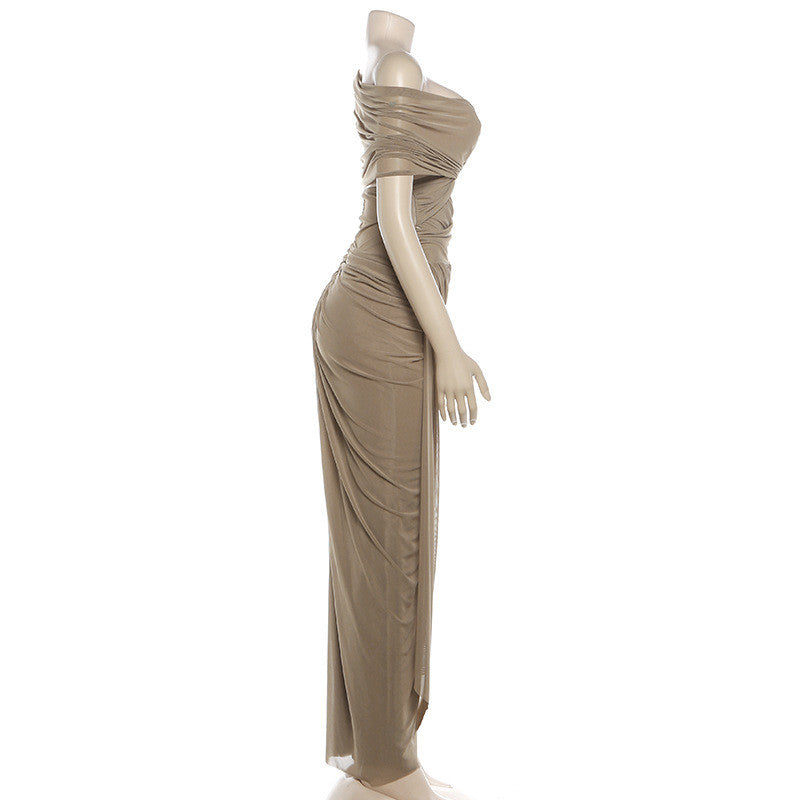 Pleated Design Tight Waist Maxi Dress Sexy See through Dress