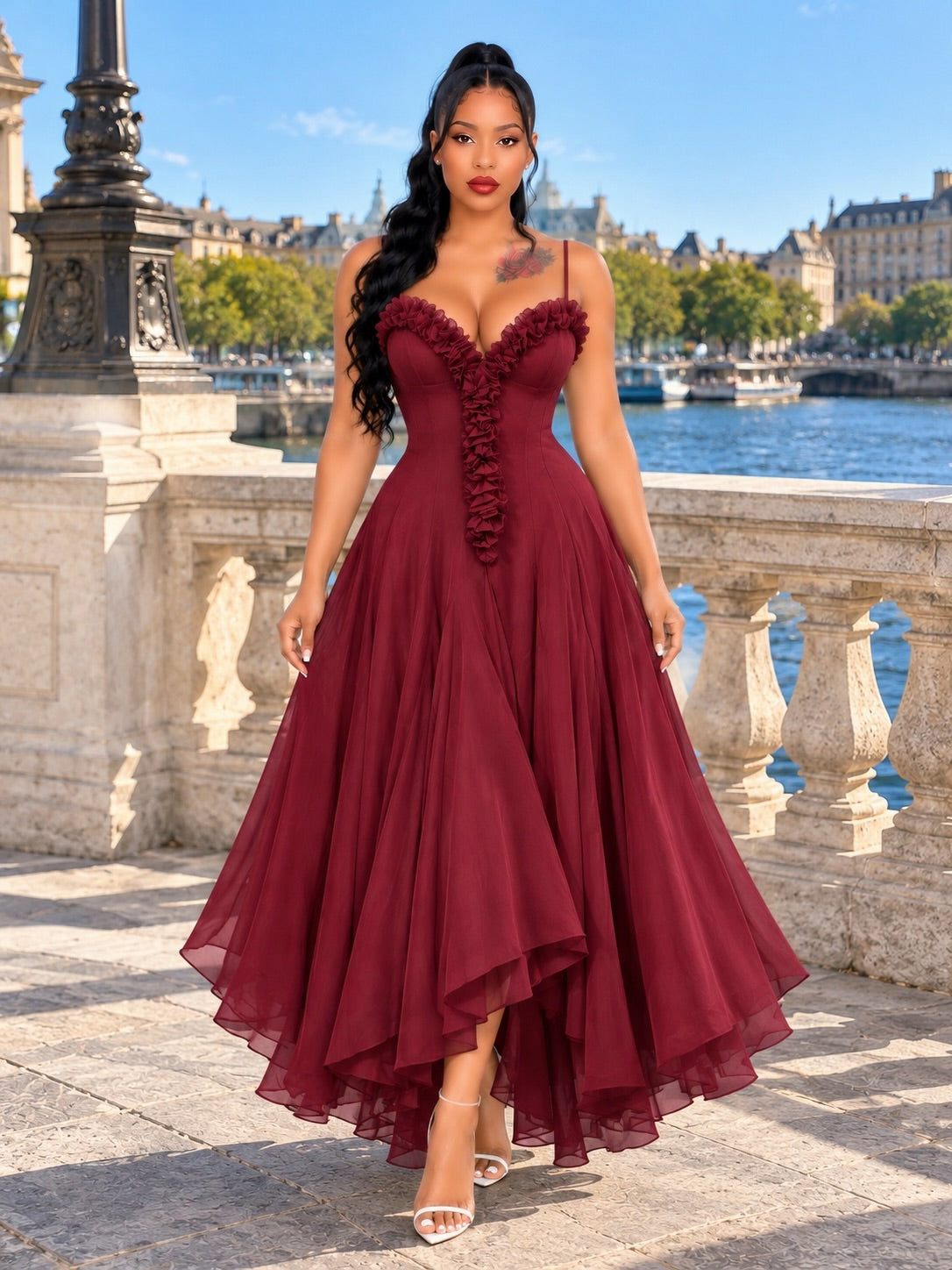 Bordeaux Romance Ruffle Maxi Dress