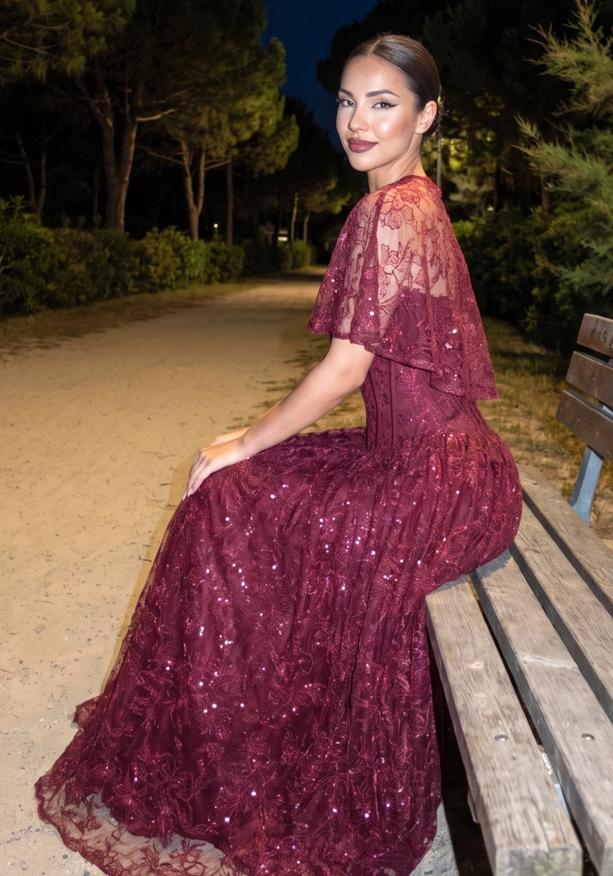Lace Cape Strapless A Line Maxi Dress Burgundy