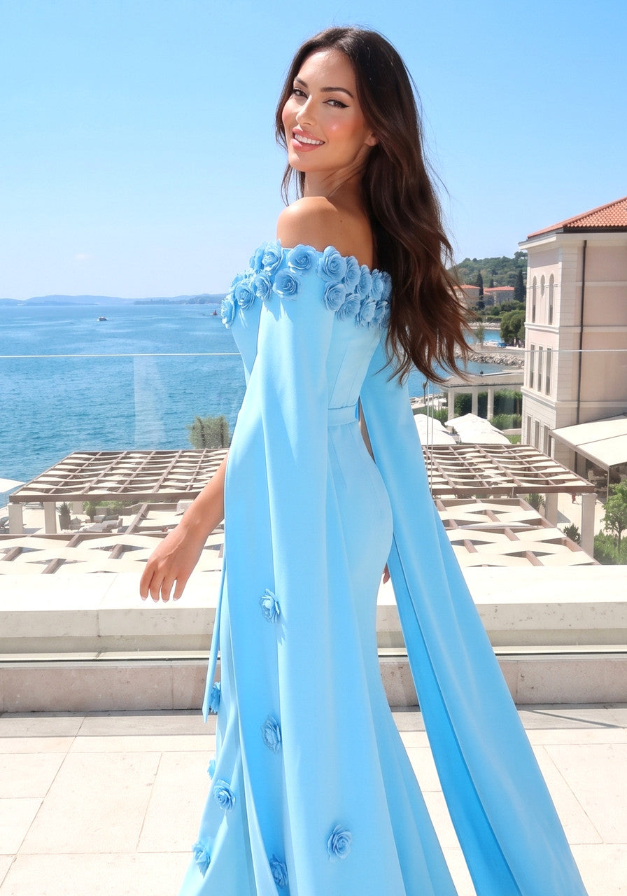 Floral Cape Sleeve Maxi Dress Blue