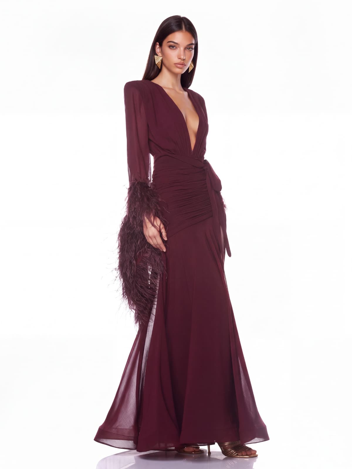 Neck Ruched Split Maxi Dress In Wine